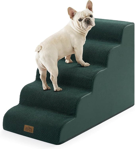 Wide Dog Stairs for Small Dog 22.6" H, Curved Pet Step for Puppy, Older Cat, Curved Ramp for High Bed or Car, Ladder with High Density Foam, Durable, 5 Step, 17.7x33x22.6 inch, Dark Green