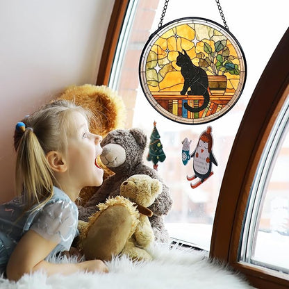 TNUW Black Cat Stained Glass Window Hanging, Black Cat Book Lovers Sun Catchers Indoor Window Glass Round Wall Art Decor, Book Lovers Gifts for Women Wall Hanging Decorations, 7.9＂x7.9＂