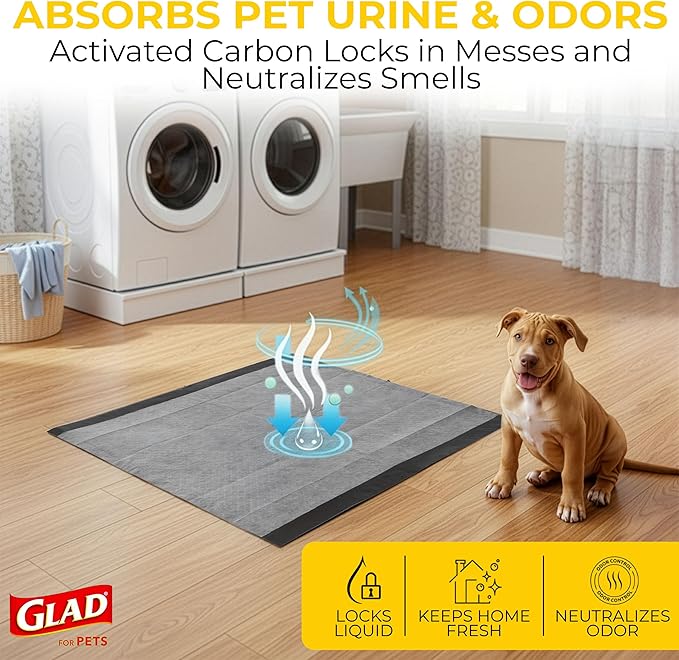 Glad for Pets Black Charcoal Puppy Training Pads with Odor Control and Pheromone Attractant, Leak Resistant Dog Potty Pads for House Training Puppies and Dogs, 23 x 23 in, 50 Count