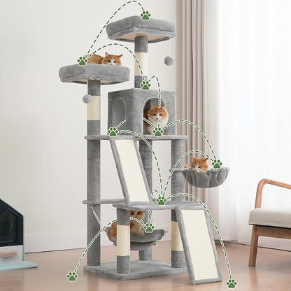 Gitelsnour Multi-Level Cat Tree for Indoor Cats, Cat Tower with 2 Scratching Boards, 2 Plush Padding Platforms, Cat Condo House with Hammock, Basket, Light Gray GCT022W