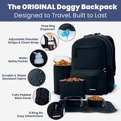 Dog Travel Bag for Supplies - Complete Dog Diaper Bag Backpack with 2 BPA-Free Travel Bowls, Treat Pouch, Food Container, Placemat & Laptop Sleeve – for Traveling, Road Trips, Hiking: Black