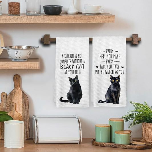 Funny Black Cat Kitchen Towels, Black Cat Mom Lady Lovers Gifts for Women Hand Towels, Gifts for Pet Lovers Dishcloths Dish Towel for Kitchen 16x24 Inches Set of 2