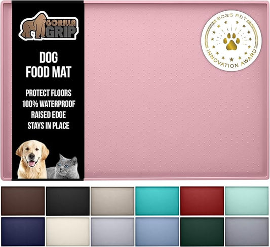 GORILLA GRIP 100% Waterproof Raised Edge BPA Free Silicone Pet Feeding Mat, Dog Cat Food Mats Contain Spills Protects Floors, Placemats for Cats and Dogs Water Bowl, Pets Accessories 18.5x11.5 Pink