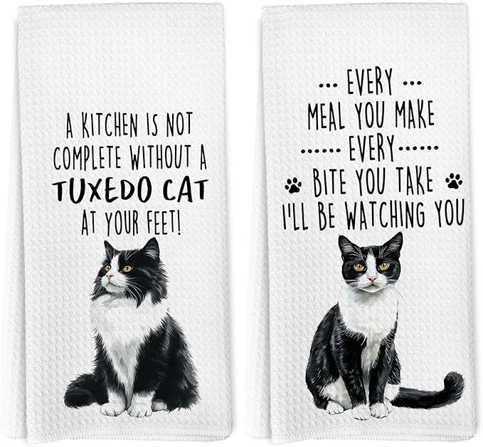 Funny Tuxedo Cat Kitchen Towels, Tuxedo Cat Mom Lady Lovers Gifts for Women Hand Towels, Gifts for Pet Lovers Dishcloths Dish Towel for Kitchen 16x24 Inches Set of 2