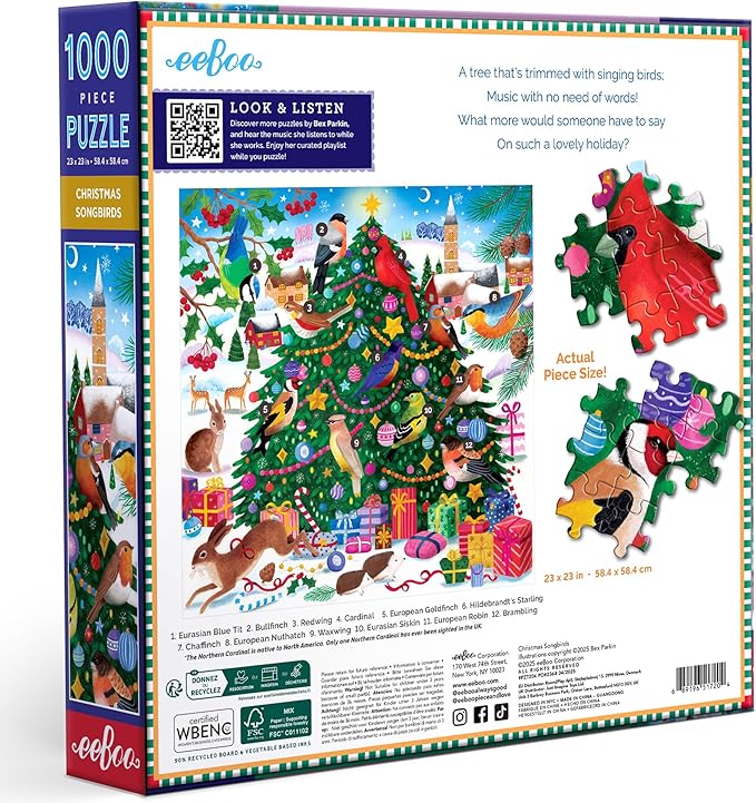 eeBoo 1000 Piece Puzzle - Christmas Songbirds Jigsaw Puzzle for Adults, Square 23" x 23" Made with Recycled Board & Vegetable-Based Ink