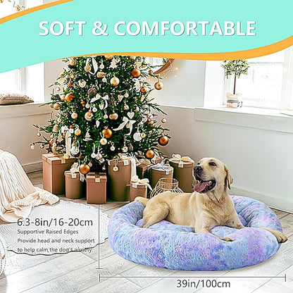 39 Inch Christmas Snowflakes Calming Dog Bed for Large Dogs, Round Anti-Anxiety Warm Bed, Soft Cozy Anti-Slip Donut Washable Pet Bed, Fits up to 100 lbs Pets