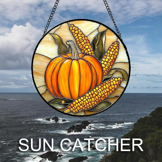 Stained Glass Window Hanging Autumn Harvest Pumpkin Corn 9.8" - Suncatcher Door Garden Kitchen Sunroom Sun Catcher Fall Home Decor Birthday for Mom Grandma Men Woman