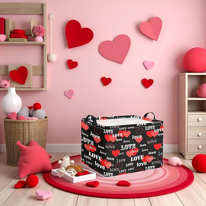 Rectangular Valentines Basket for Home Kitchen Girls Cute Kids Storage Bin Organizer Shelf Book Room Decor(Black Red Love)