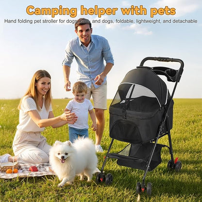 4 Wheels Pet Stroller,Dog and Cat Foldable Strollers, Removable Carrier, Breathable Mesh Canopy, Storage Basket and Cup Holder, Lightweight Travel Carrier, Pet Carrying Cart for Walks Outings Shoppin
