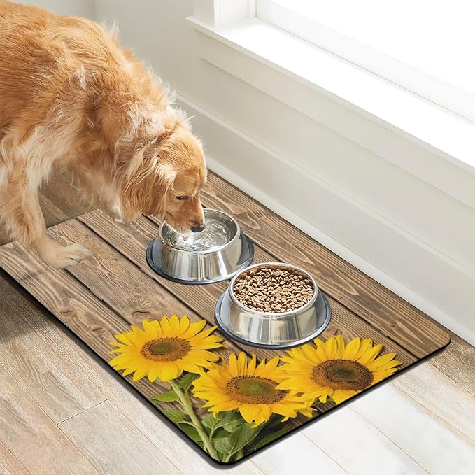 Dog Food Mats for Floors Absorbent, Cat Food Mat - Pet Cat Feeding Mat Quick Dry, Dog Bowl Mats for Water, Pet Supplies Feeding Placemat 12" x 20" Wood Grain Sunflower