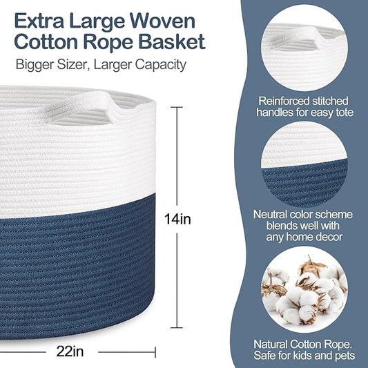 Extra Large Rope Basket, XXXL Woven Wicker Storage Basket, Kids Room Toy Storage Organizer and Storage, Dog Toy Stuffed Animal Basket Bins, Kids Room Playroom Organization(22" x 22" x 14")