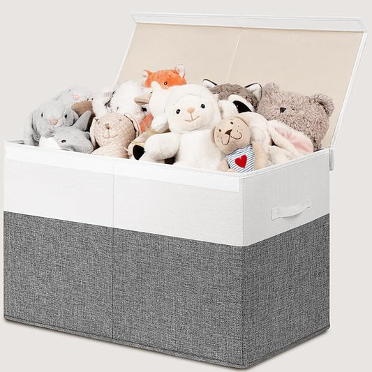 INDRESSME 25"x13"x16" Large Toy Storage Box with Lid, Toy Chest Organizer Toy Basket with Dividers for Playroom, Bedroom, Closet, Toy Bin for Kids Baby Boys Girls (Grey & White)