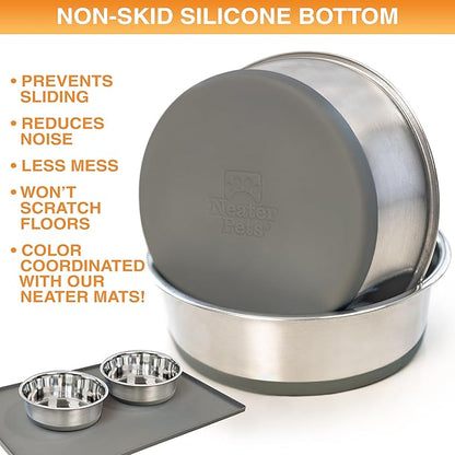 Neater Pet Brands Stainless Steel Dog Bowls with Non-Slip Rubber Bottom – 2 Cup (16 oz), Gray - Set of 2 Heavy Duty Metal Dog Bowls, Dishwasher Safe, Food or Water Bowl, Ideal for Small Dogs & Cats