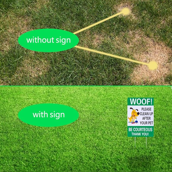 WaaHome Pack of 2 Double Sided Woof Please Clean Up After Your Pet Yard Signs with Stakes, 8"X12" Funny No Poop Pee Dog Yard Sign Lawn Sign