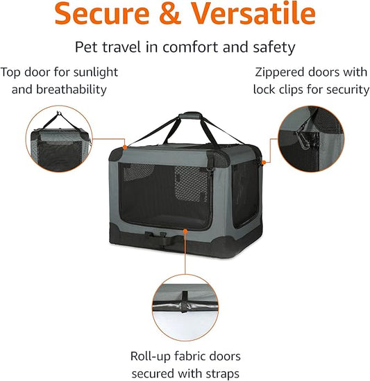 Amazon Basics 4-Door Portable Folding Soft Dog Crate, Collapsible Travel Kennel for Cat, Dog, and Other Small Animals, Pop Up with Easy Transportation, Grey, M 30" x 21" x 21"
