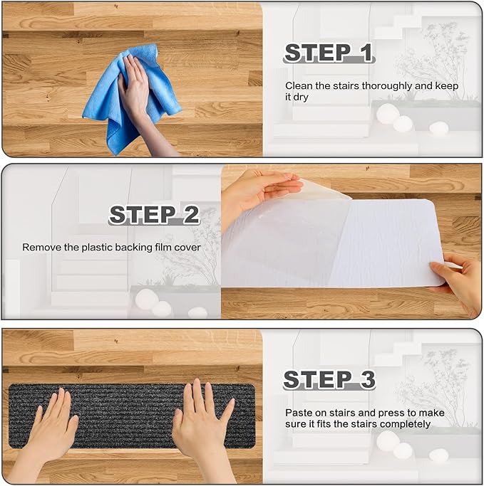 Stair Treads for Wooden Steps - Non Slip Stairs Carpet Tape Peel and Stick with Double Adhesive Tape Set of 15 Stripe- Black