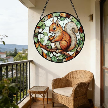 Stained Glass Window Hanging, Squirrel on a Branch Suncatcher Diamond Glass Panel Animal Sun Catchers Decor for Birthday for Women, Men, Wife, Aunt, and Mom 11.8x11.8 in