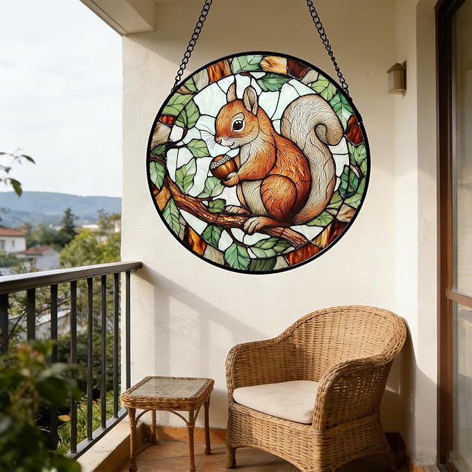 Stained Glass Window Hanging, Squirrel on a Branch Suncatcher Diamond Glass Panel Animal Sun Catchers Decor for Birthday for Women, Men, Wife, Aunt, and Mom 9.8 in
