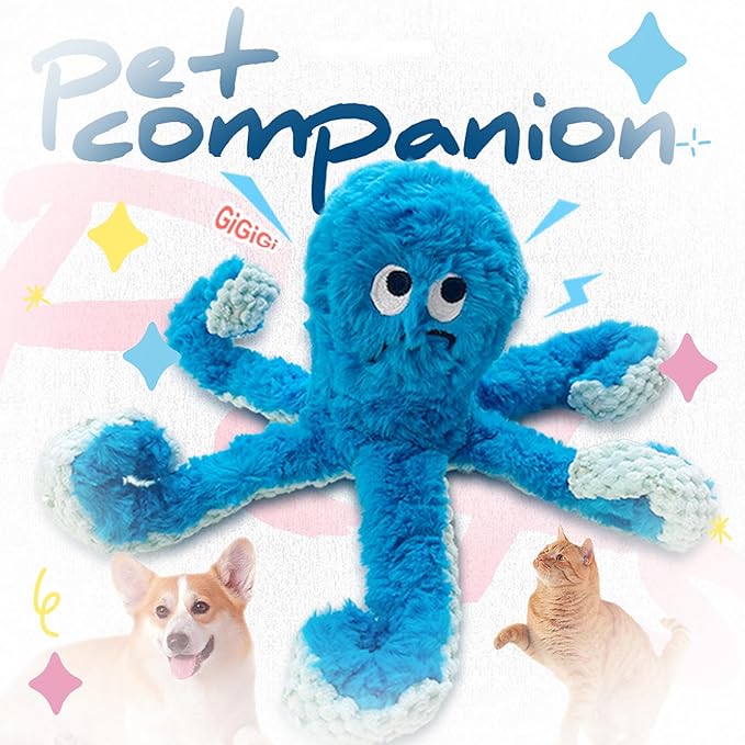 TRAVEYO Blue Octopus Dog Toys with Squeaker, Interactive Pet Toys for Dogs and Cats, Dog Treat Toys with Soft Rope Tentacles with Treat Hiding Pockets, 14.17 Inches