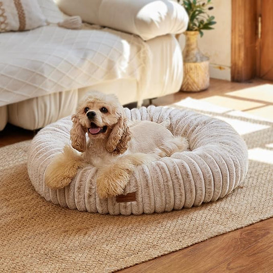 FUKUMARU Dog Bed, Gradient Color Donut Dog Beds for Medium Dogs, 30 inches Calming Orthopedic Dog Beds, Round Pet Bed with Washable Cover，Luxury Comfy Cat Bed for Indoor Cats, Camel