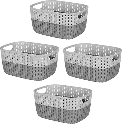 Simplify 4 Pack 2 Tone Sailor Knot Plastic Storage Tote | Decorative Basket | Closet Organization | De-clutter | Accessories | Toys | Bathroom Organization | Medium | Grey/Grey
