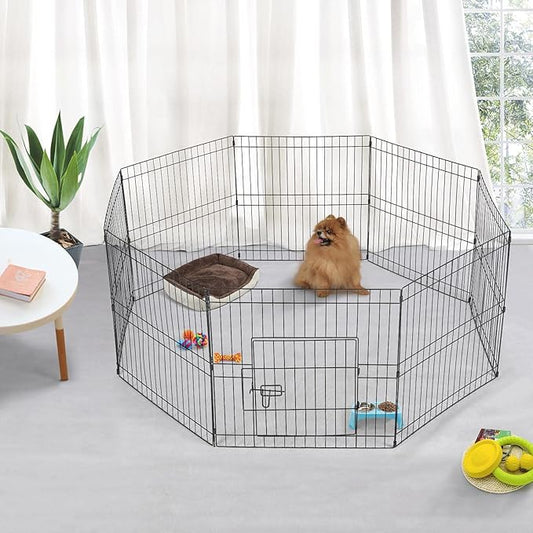 Yaheetech 24 inch Black Metal Pet Playpen 16 Panel Foldable Playpen for Puppy - Outdoor & Indoor with Door - Metal Dog Exercise Pen Barrier Kennel Portable Puppy Fence