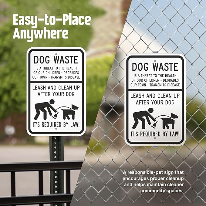 SmartSign Dog Waste Is A Threat Sign, Leash Clean Up After Your Dog Sign (2-Pack), 18 x 12 inch, 80 mil thick Aluminum Composite (ACM), Pre-Drilled Holes, White and Black, Made in USA