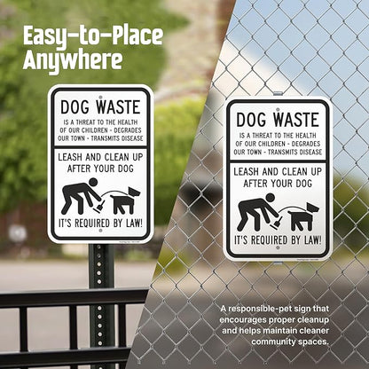 SmartSign Dog Waste Is A Threat Sign, Leash Clean Up After Your Dog Sign (2-Pack), 18 x 12 inch, 80 mil thick Aluminum Composite (ACM), Pre-Drilled Holes, White and Black, Made in USA