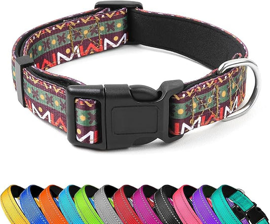 Reflective Dog Collar, Adjustable Soft Neoprene Padded Nylon Pet Collars with Buckle for Puppy and Small Dogs, Cats, Retro Geometric Flowers,M
