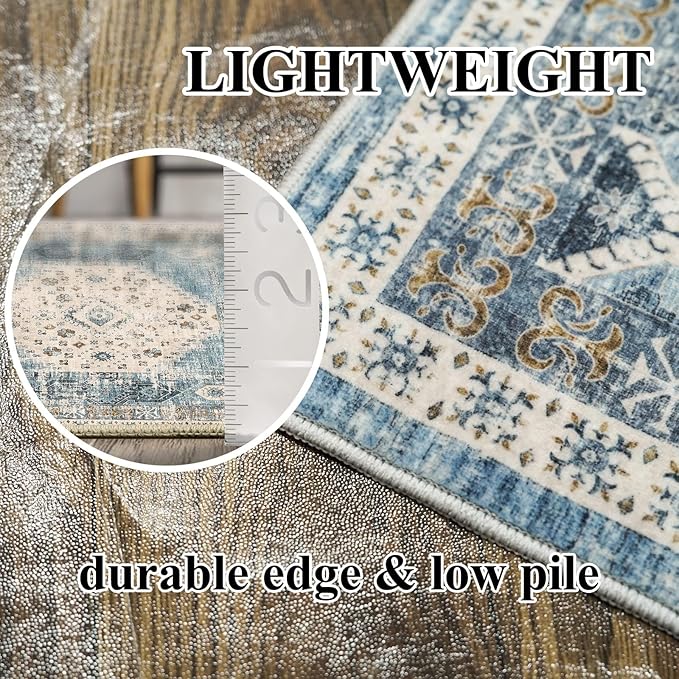 RUUGME Washable 4x10 Runner Rug - Vintage Hallway Kitchen Rugs with Non Slip Backing Low Pile Stain Resistant Carpets Indoor Ultra Soft Light Weight Rug Floor Decoration Mat 4'x10' Aqua Blue