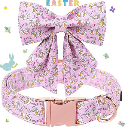 Maca Bates Rabbit Foot Dog Collar with Sailor Bow Tie for Medium Girl Boy Dogs, Pink Bunny Pattern,Adjustable Durable Soft Breakaway Collars Easter Day Gift for Male Female Puppy