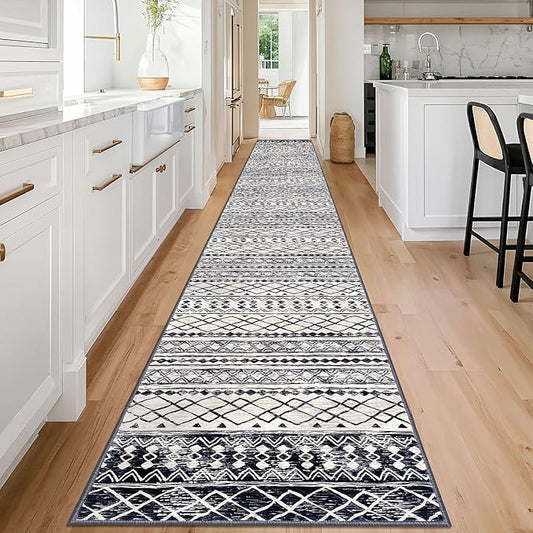 KUTA Moroccan Washable Runner Rug 2.6x18 Non-Slip Vintage Black Navy Blue Boho Hallway Kitchen Rugs Ultra Soft Geometric Floor Carpet Runners for Bedroom Stairway Living Room