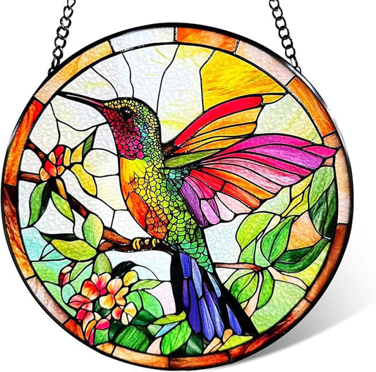 Stained Glass Hummingbird Suncatcher, Colorful Bird Suncatcher Glass Panel for Window Hanging, Unique Gift for Bird Lovers, Women, Mom, Grandma, 7.8 Inch