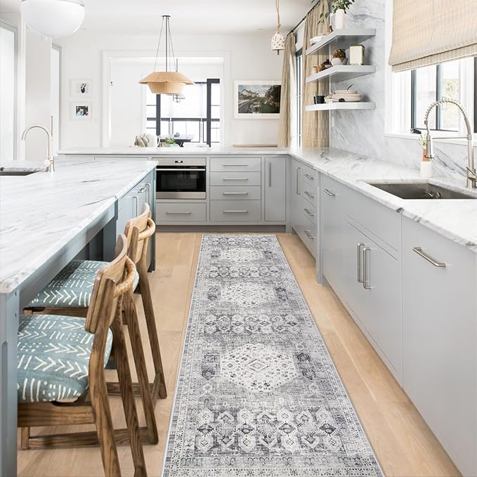 Hallway Washable Runner Rug 2'6x10 - Kitchen Runner Rugs Indoor Non Slip Rugs for Living Room Bedroom Vintage Distressed Mat Stain Resistant Floor Decoration Carpet for Bathroom (2'6''x10', Grey)