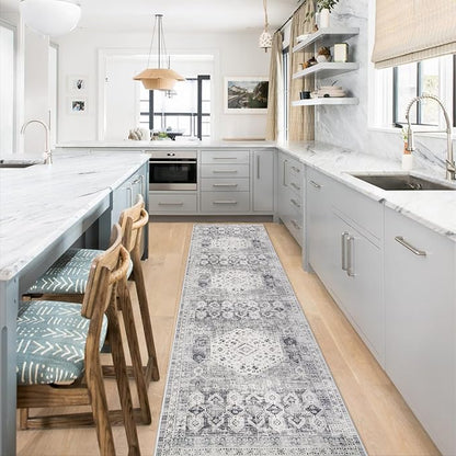 Hallway Washable Runner Rug 2'6x10 - Kitchen Runner Rugs Indoor Non Slip Rugs for Living Room Bedroom Vintage Distressed Mat Stain Resistant Floor Decoration Carpet for Bathroom (2'6''x10', Grey)