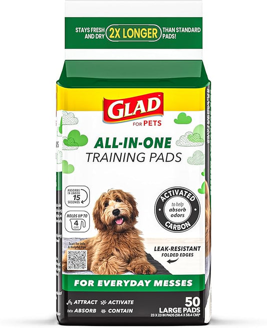Glad for Pets Black Charcoal Puppy Training Pads with Odor Control and Pheromone Attractant, Leak Resistant Dog Potty Pads for House Training Puppies and Dogs, 23 x 23 in, 50 Count