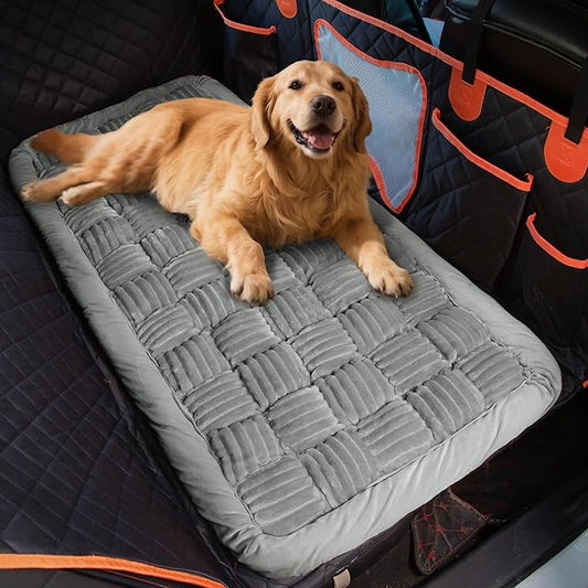 Soulbond Dog Bed for Car Back Seat Soft Plush Backseat Pet Bed Mat Non-Slip Travel Pet Mat, Fuzzy Plaid Dog Seat Cover, Fit for Backseat Extenders and Trucks SUVs (Light Gray, 54" x 24.8")