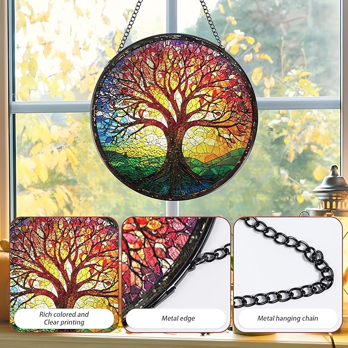 Tree of Life Sun Catchers Stain Glass Window Hanging Indoor, 7.8″ Stained Glass Window Hanging Home Decor, Suncatcher Wall Art Gift for Women Thanksgiving Christmas Housewarming
