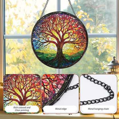 Tree of Life Sun Catchers Stain Glass Window Hanging Indoor, 7.8″ Stained Glass Window Hanging Home Decor, Suncatcher Wall Art Gift for Women Thanksgiving Christmas Housewarming