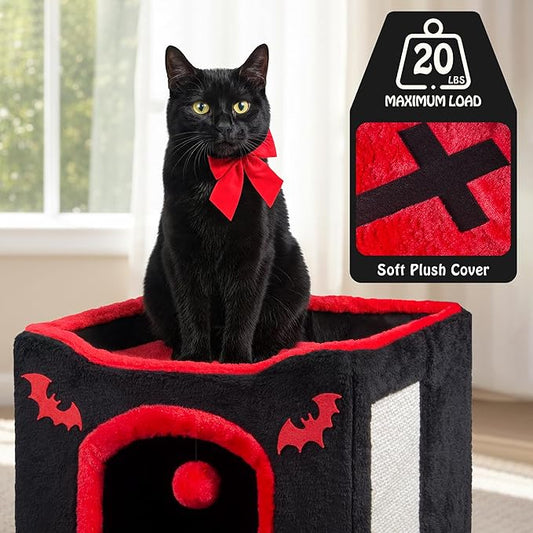 Gothic Cat House Bed for Indoor Cats Coffin Cat Condo with Scratch Pad and Fluffy Ball Toy, Foldable Hideaway Cube, Pet Bed for Kittens and Large Cats, 16.5x16.5x13in, Red Black Halloween