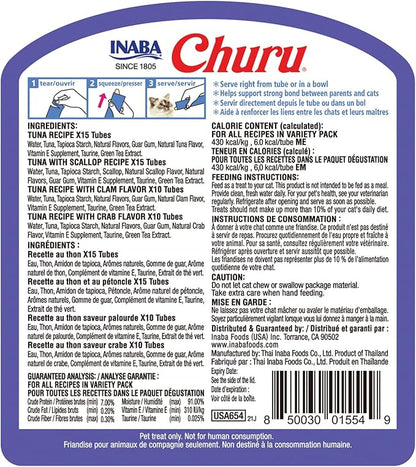 INABA Churu Cat Treats, Grain-Free, Lickable, Squeezable Creamy Purée Cat Treat/Topper with Vitamin E & Taurine, 0.5 Ounces Each Tube, 50 Tubes, Tuna & Seafood Variety