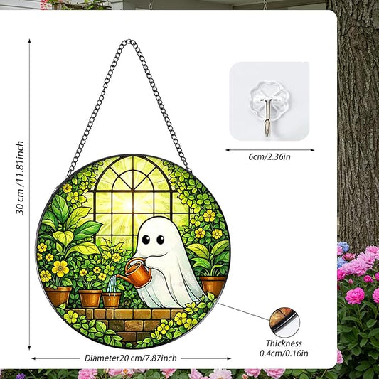 Stained Glass Window Hanging, 7.8″ Ghost Sun Catchers Art Decor Indoor Window, Decorative Suncatchers Hanging Ornaments Home Garden Gift for Plant Lover Housewarming