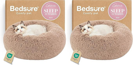 Bedsure Calming Cat Beds for Indoor Cats - Small Cat Bed Washable 20 inches, Anti-Slip Round Fluffy Plush Faux Fur Pet Bed, Fits up to 15 lbs Pets, Camel (Pack of 2)