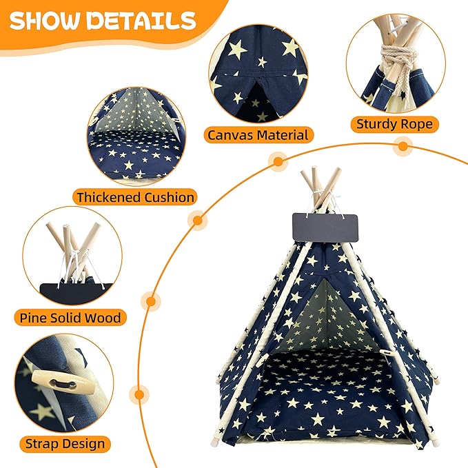 Pet Teepee Dog & Puppy Cat Tents Tipi Bed Portable Houses with Thick Cushion for Pets Up to 66lbs-Blue-M