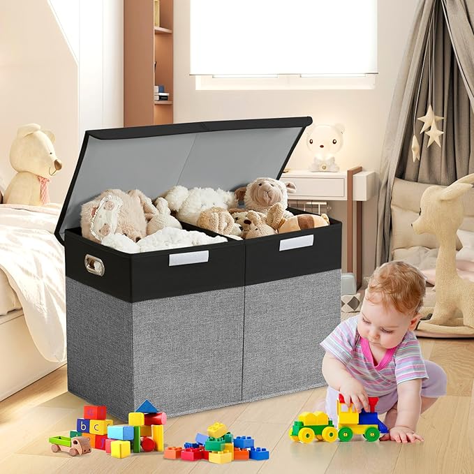 Large Toy Storage Box with Lid, Collapsible Toys Storage Organizer Bins with Dividers and Handles, Storage Chest Bin for Kids, Boys, Girls, Nursery 25"x13" x16" (Balck & Gray)