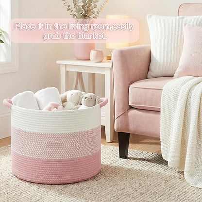 100L Large Cotton Rope Basket, Decorative Woven Blanket Storage for Living Room, Boho Toy Storage & Toy Box for Kids, Versatile Laundry Basket & Nursery Hamper for Blankets(Pink)