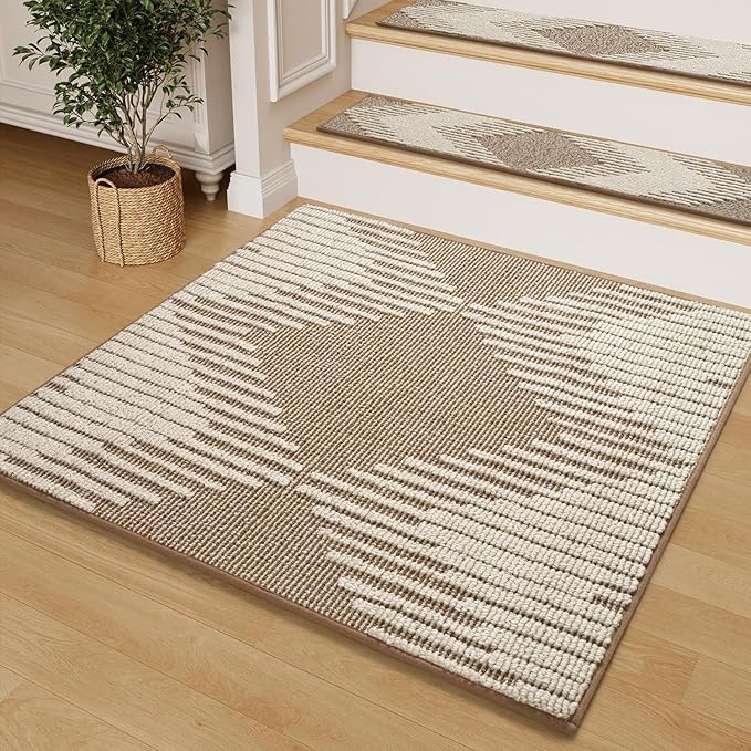 PADOOR Stair Treads Landing Mat Non Slip for Wooden Steps Indoor, 3D Peel and Stick Stair-Carpet Treads Washable Reusable Adhesive Stair Rugs for Kids and Dogs 31"x31" Brown