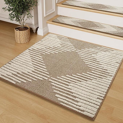 PADOOR Stair Treads Landing Mat Non Slip for Wooden Steps Indoor, 3D Peel and Stick Stair-Carpet Treads Washable Reusable Adhesive Stair Rugs for Kids and Dogs 31"x31" Brown