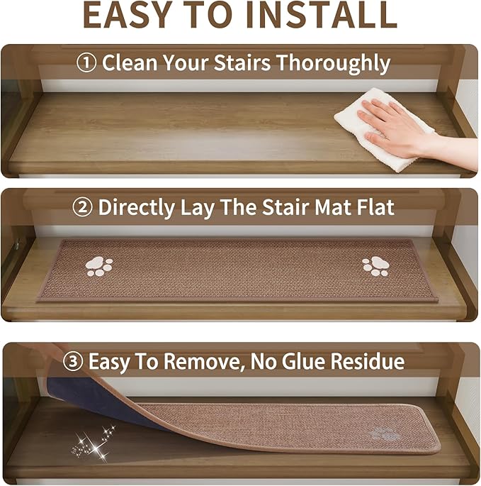 Stair Treads Non Slip Indoor 4PCS, Rubber Backing Stair Runner Rugs for Wooden Steps, Residue Free Stair Carpet Treads for Kids Elders and Pets, Machine Washable Stair Mats, Brown, 8" x 30"