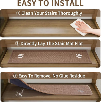 Square Stair Treads Non Slip Indoor 1PCS, Rubber Backing Stair Runner Rugs for Wooden Steps, Residue Free Stair Carpet Treads for Kids Elders Pets, Machine Washable Stair Mats, Brown, 30" x 30"